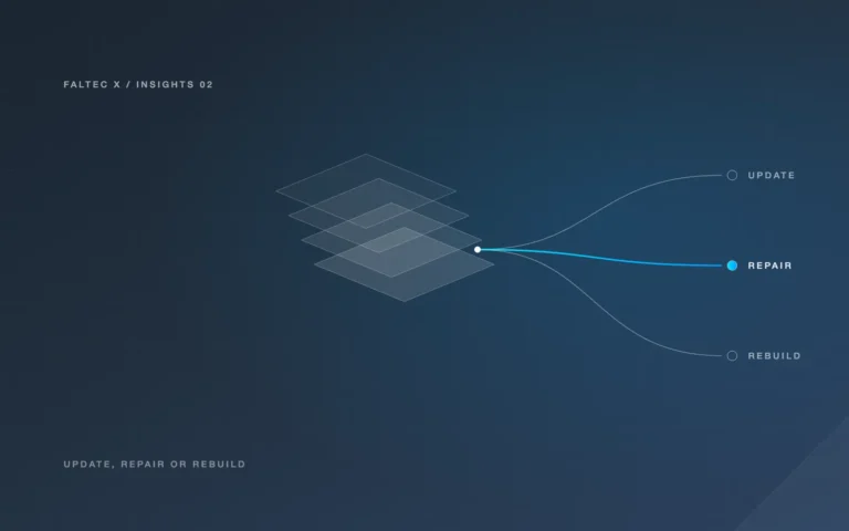 Illustration: stacked website layers with a path branching to update, repair or rebuild